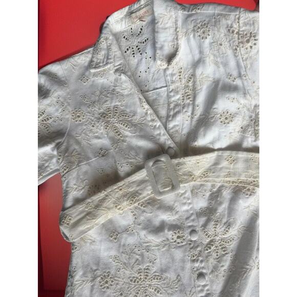 Solitaire Women Denim Dress S White Floral Belted Short Sleeve w/ Pockets - Picture 6 of 16